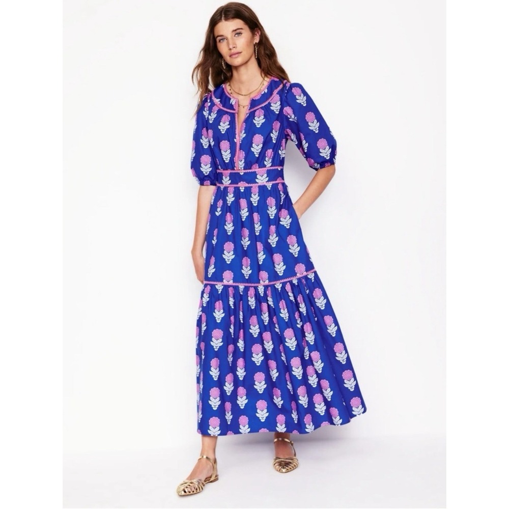 Boden Rhea Embroidered Midi Dress Size 12 Blue Floral Maxi Tiered Pockets